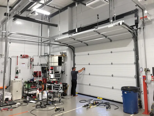 Gahanna Garage Door Repair certified technician performing commercial door repair at a Gahanna business facility