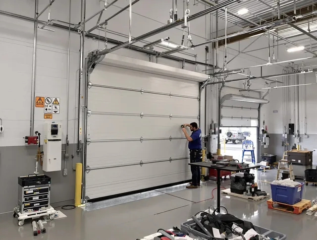 Commercial garage door repair being performed by Gahanna Garage Door Repair expert in Gahanna
