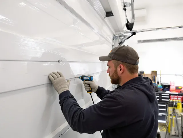 Gahanna Garage Door Repair technician demonstrating precision dent removal techniques on a Gahanna garage door