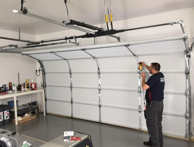 Gahanna Garage Door Repair certified technician performing overhead door system repair in Gahanna