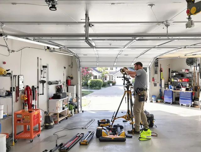 Gahanna Garage Door Repair specialist performing laser-guided track alignment in Gahanna